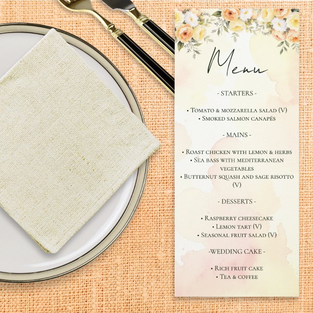 Menu de Casamento com Aquarela Floral Rústica Eleg (A customizable wedding menu card, with peach, yellow and white roses in a watercolor style)