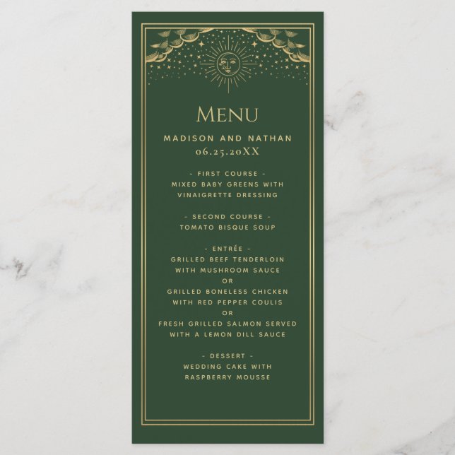 Menu de Casamento com Cartão Tarot Verde Dourado S (Frente)