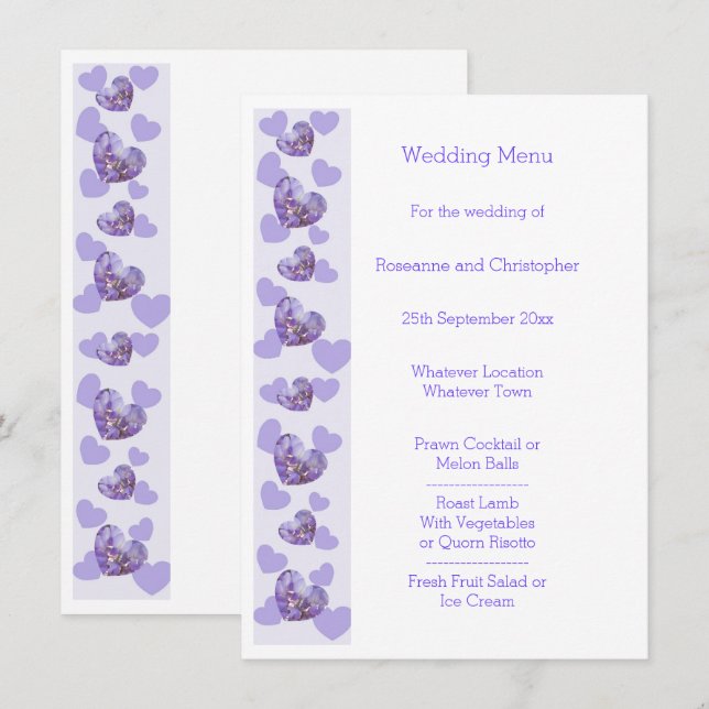 Menu de Casamento com Design de Coração de Wisteri (Frente/Verso)