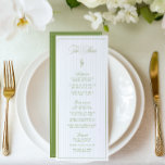Menu de Casamento com Faixa Verde e Azul Clássica<br><div class="desc">Um cartão de cardápio de casamento refinado, projetado com faixas verticais verdes e azuis, fontes serif de eterno e realces românticos. As iniciais personalizadas aparecem no verso (opcional e totalmente editável). Ideal para casamentos de jardim, recepções de verão ou celebrações clássicas ao ar livre. Parte da Coleção Caseira "Iris" —...</div>
