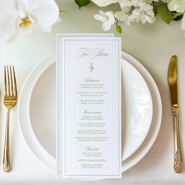 Menu de Casamento com Faixa Verde e Azul Clássica (Classic Sage Green & Blue Striped Wedding Menu)