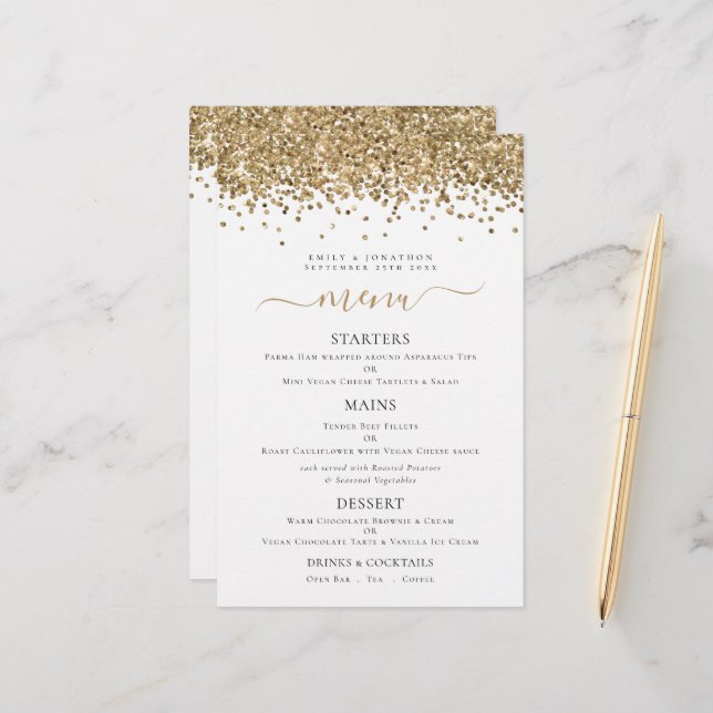 Menu de Casamento com Glitter Dourado Elegante de  (Frente/Verso In Situ)