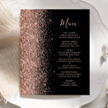 Menu de Casamento com Glitter Dourado Rosa de Pret<br><div class="desc">A borda esquerda deste elegante cardápio moderno de casamento apresenta uma rosa dourada falso borda brilhante. O texto personalizável combina o script de manuscrito branco-rosa-rosa e as fontes em um plano de fundo preto. O verso apresenta um design brilhante rosa e preto correspondente.</div>