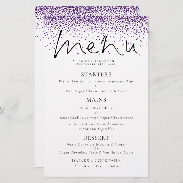 Menu de Casamento com Glitter Roxo de Script Elega (Frente/Verso)