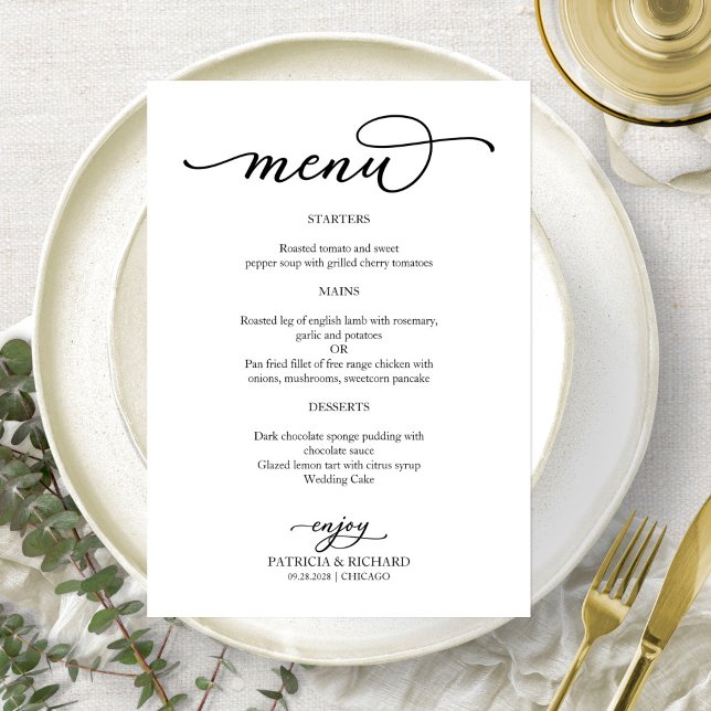 Menu de Casamento com Letra Elegante em Preto e Br (Criador carregado)