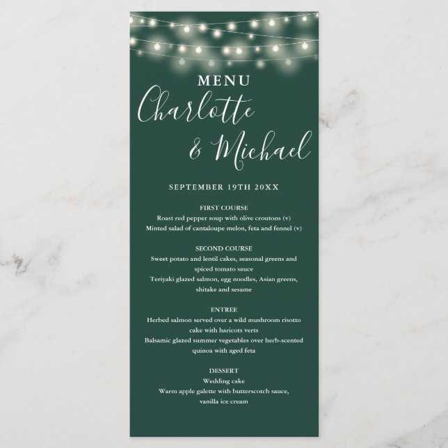 Menu de Casamento com Luzes de Corda Verde Esmeral (Frente)