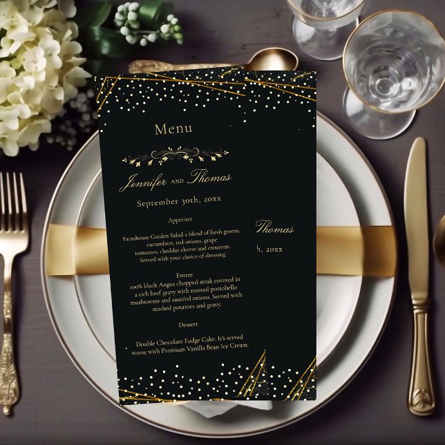 Menu de Casamento Confetti da Glitter ouro Preta (Criador carregado)