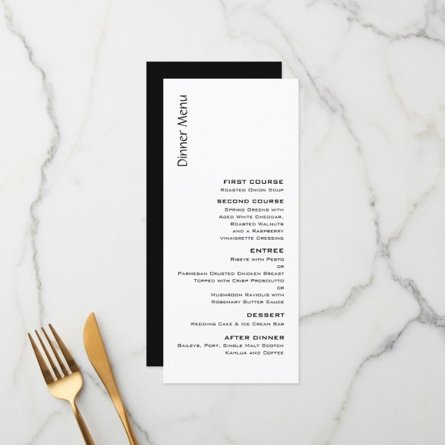 Menu de Casamento Contemporâneo Preto e Branco (Frente/Verso In Situ)