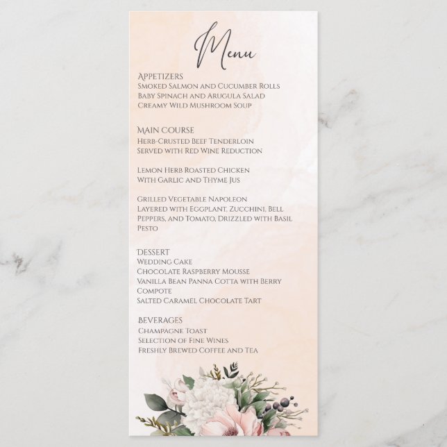 Menu de Casamento Cor-de-Rosa Blush Floral (Frente)