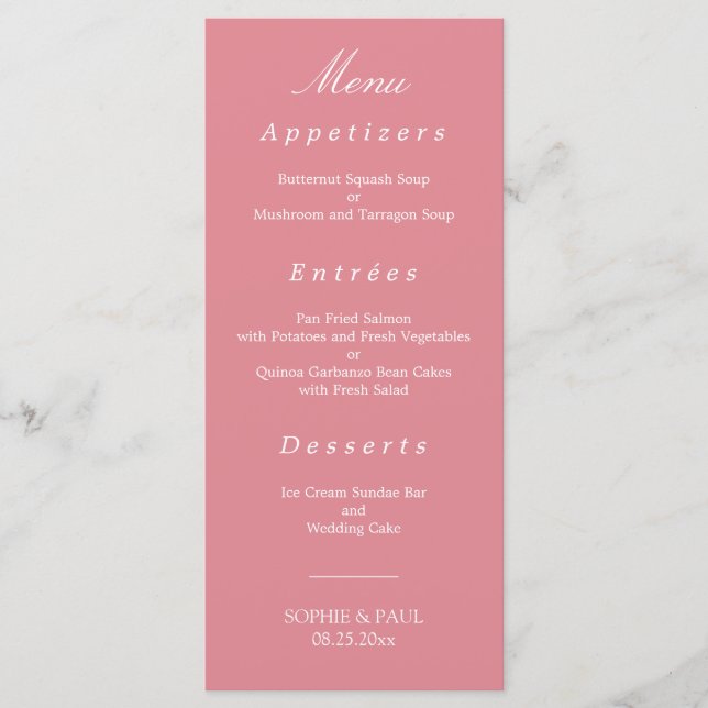 Menu de Casamento Cor-de-Rosa Esmagada Elegante (Frente)