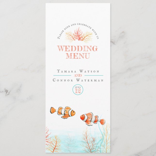 Menu de casamento Coral Tropical Fish Sea Watercol (Frente)