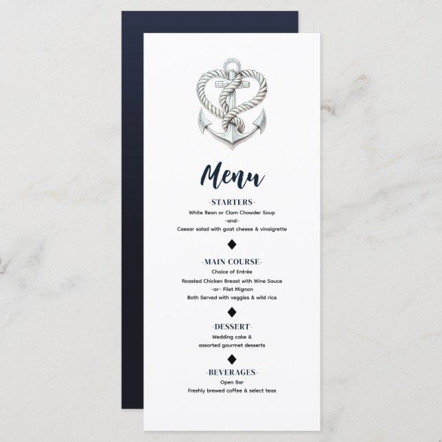 Menu de Casamento Costeiro de Âncora Coração Náuti (Frente/Verso)