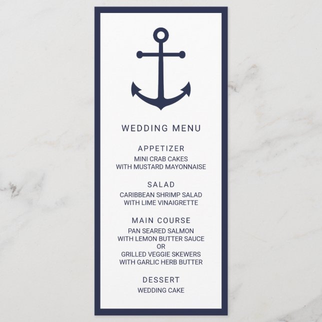 Menu de Casamento da Âncora Azul do Marinho Náutic (Frente)