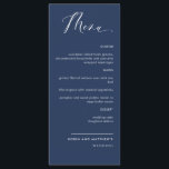 Menu de Casamento da Caligrafia Azul do marinho El<br><div class="desc">Cartão de marinho azul Elegante ou de Menu de Recepção jante. Design contemporâneo, simples e elegante com uma bela caligrafia escrita à mão. Cor de fundo frontal e traseira em azul marinho. Capacidade de alterar as cores frontal e/ou de fundo selecionando "personalizar mais". Design disponível em várias opções de cores....</div>