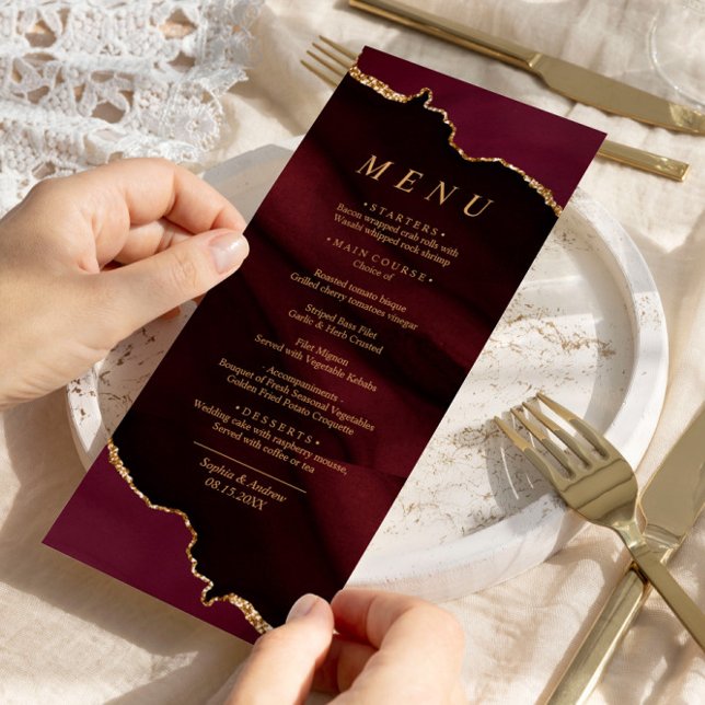 Menu de Casamento da Caligrafia Dourada Burgundy (Criador carregado)