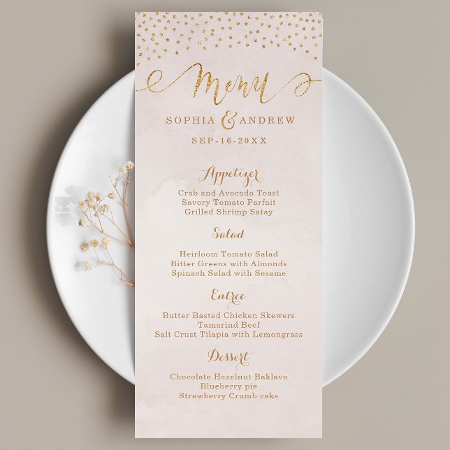 Menu de casamento da caligrafia rosa dourada brilh (Blush glitter rose gold calligraphy wedding menu)