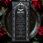 Menu de Casamento da Catedral de Vampiros Góticos<br><div class="desc">Convide seus convidados de casamento com este design elegante e gótico. Perfeito para um casamento temático Gótico ou Halloween. Correspondência de Itens em nosso compro para um tema completo de festa. Observe que a prata nas etiquetas NÃO é uma folha real e está impressa em cores planas</div>