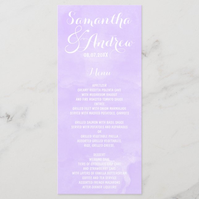 Menu de casamento da cor da água da lavanda púrpur (Frente)