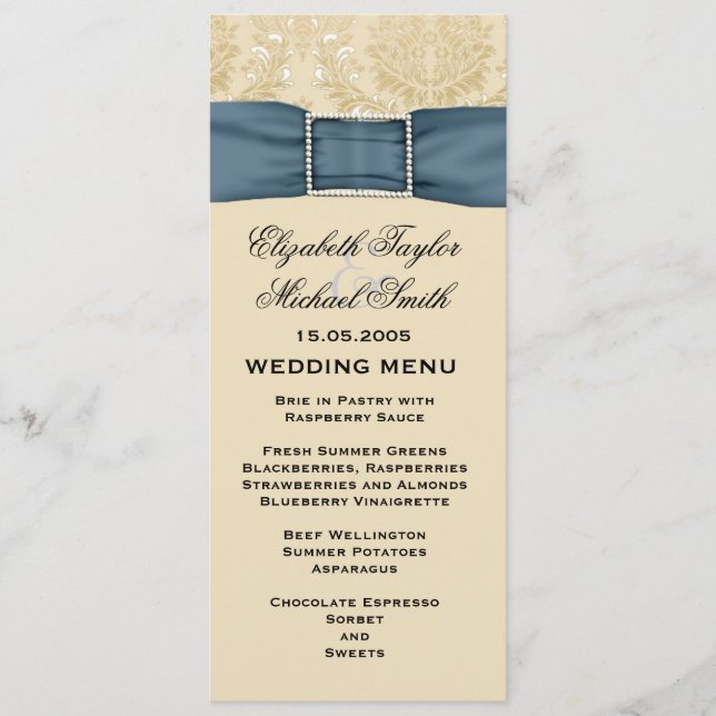 Menu de Casamento da Faixa Azul do Damasco Dourado (Frente)