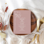 Menu de Casamento da Flor da Linha Rosa Rústica<br><div class="desc">A arte da linha branca inspirou o texto "Menu" no topo,  com texto personalizado branco e fundo cor-de-rosa com flor de arte da linha do solteiro à esquerda.</div>