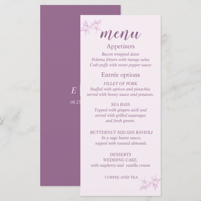 Menu de Casamento da Flor do eterno (Frente/Verso)