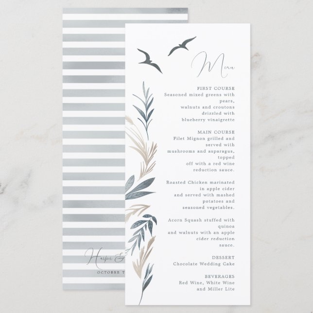 menu de casamento da folhagem náutica costeira (Frente/Verso)