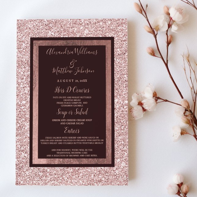Menu de Casamento da Garota rosa dourada (Girly rose gold burgundy glitter Wedding Menu)