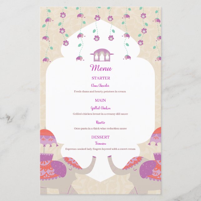 Menu de Casamento da Legança Indiana (Frente)