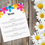 Menu de Casamento da primavera das Flores Hipoteca<br><div class="desc">Esses menus de casamento fáceis de personalizar oferecem uma visão moderna com flores de margarida hippie em amarelo brilhante, azul e magenta cor-de-rosa. Os gráficos desenhados à mão são projetados para imitar a impressão em estilo risógrafo clássico. Todo o texto nestas folhas de menu está pronto para o seu toque...</div>