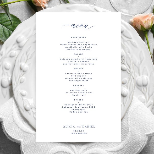 Menu de casamento da tipografia de marinho simples (Criador carregado)