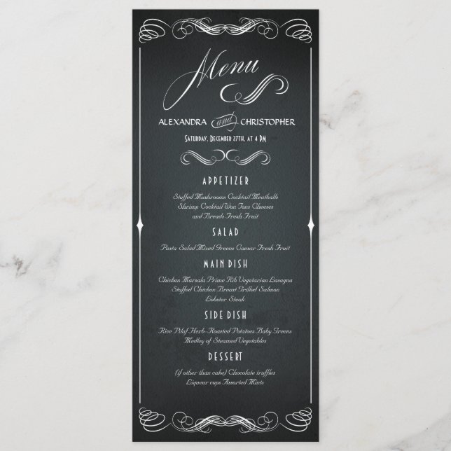 Menu de Casamento da Tipografia do Chalkboard Vint (Frente)