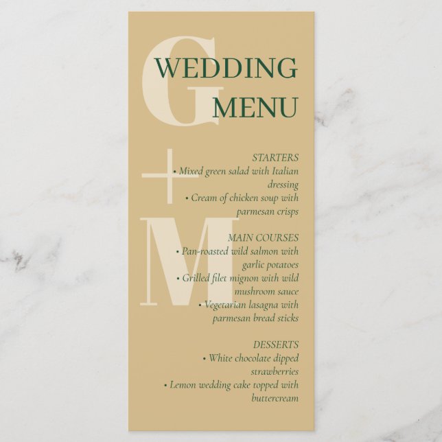Menu de Casamento da Tipografia Verde e Tan (Frente)