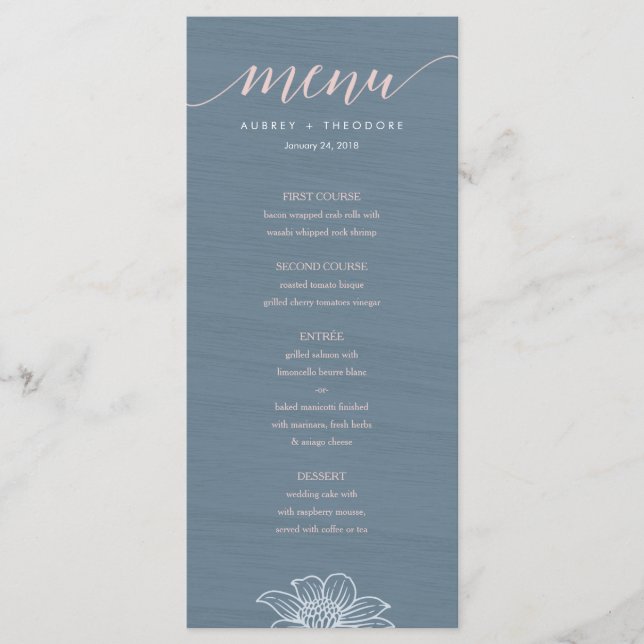 Menu de Casamento das Flores Azuis e Escamoteadas  (Frente)
