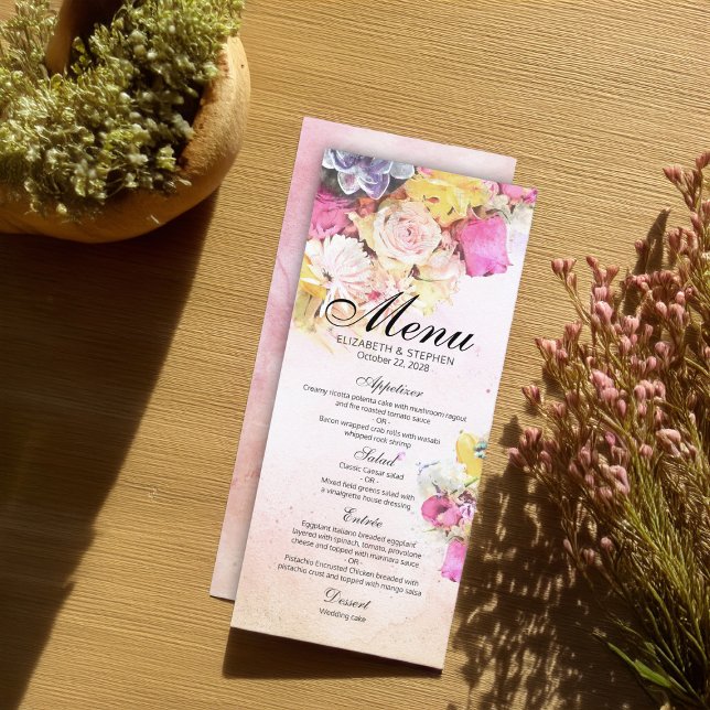 Menu de Casamento das Flores de Aquarela Coloridas (Criador carregado)