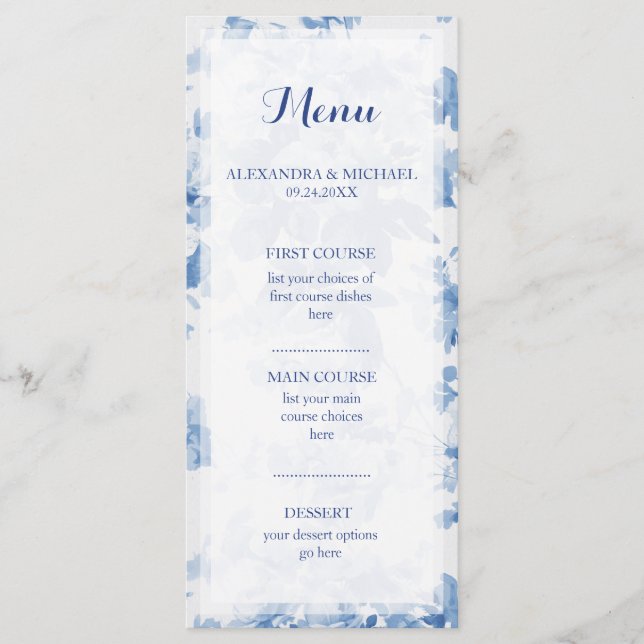 Menu de Casamento das Flores Florais Azuis Moderna (Frente)