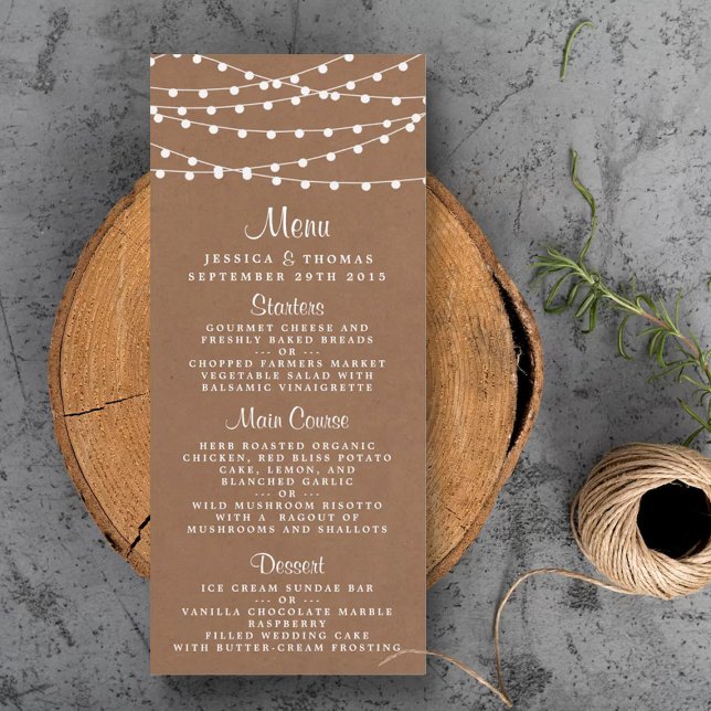 Menu de Casamento das Luzes de Corda Rustic Kraft  (Criador carregado)