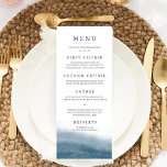 Menu de Casamento das Marés do Oceano<br><div class="desc">Coloque estas placas de menu elegantes em cada lugar, para obter um belo toque na configuração da recepção de casamento. O chic costeiro, design náutico apresenta cinza e marinho azul com seus nomes e data de casamento no topo, e um elemento de lavagem a aquarela no fundo em rico azul...</div>