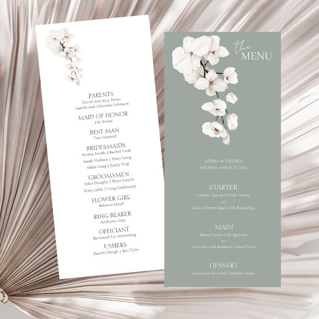 Menu de Casamento das Orquídeas Brancas Verdes do  (Modern Sage Green White Orchids Wedding Menu Cards)