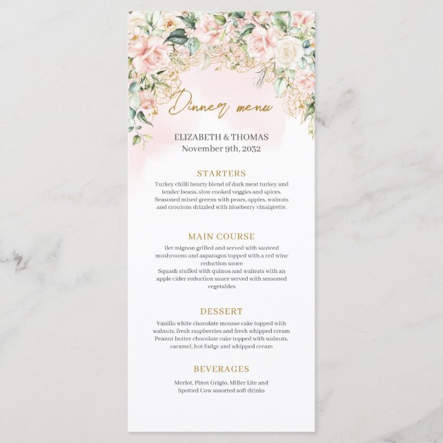 Menu de casamento das rosas cor-de-rosa totalmente (Frente)