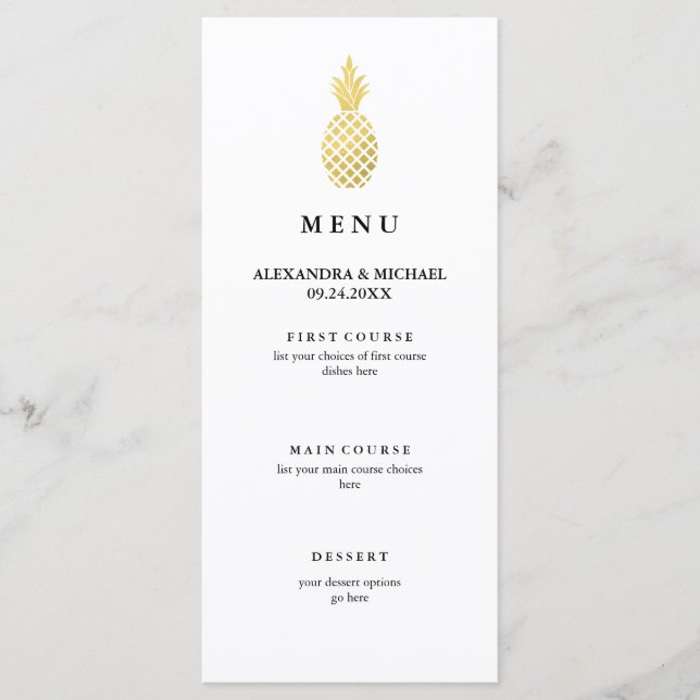 Menu de Casamento de Abacaxi Dourado Elegante (Frente)