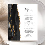 Menu de Casamento de Agata Dourada Preta do Orçame<br><div class="desc">A borda esquerda deste elegante cardápio moderno de casamento apresenta uma coloração aquosa preta, borda agitada, aparada com falso brilho dourado. O texto personalizável combina o script de escrita manual de cinzas de carvão e as fontes de impressão em um fundo branco. O verso apresenta um design de agate preto...</div>