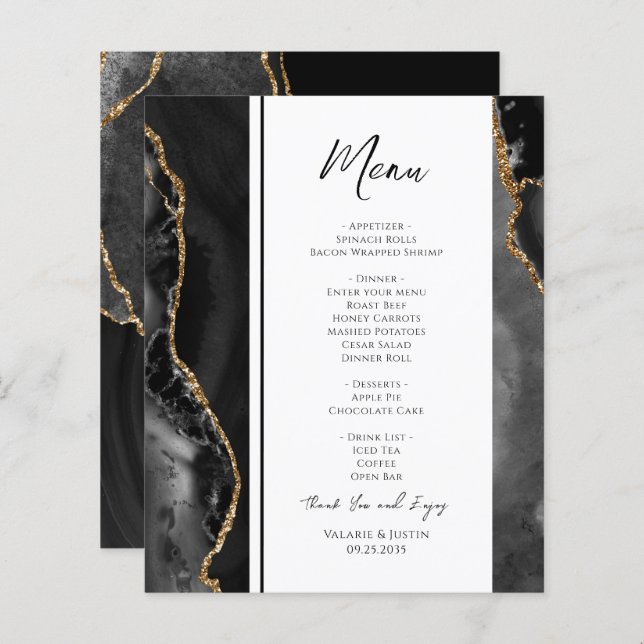 Menu de Casamento de Agata Negra Elegante (Frente/Verso)