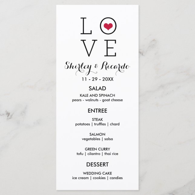 Menu de Casamento de Amor Simples Vermelho Persona (Frente)