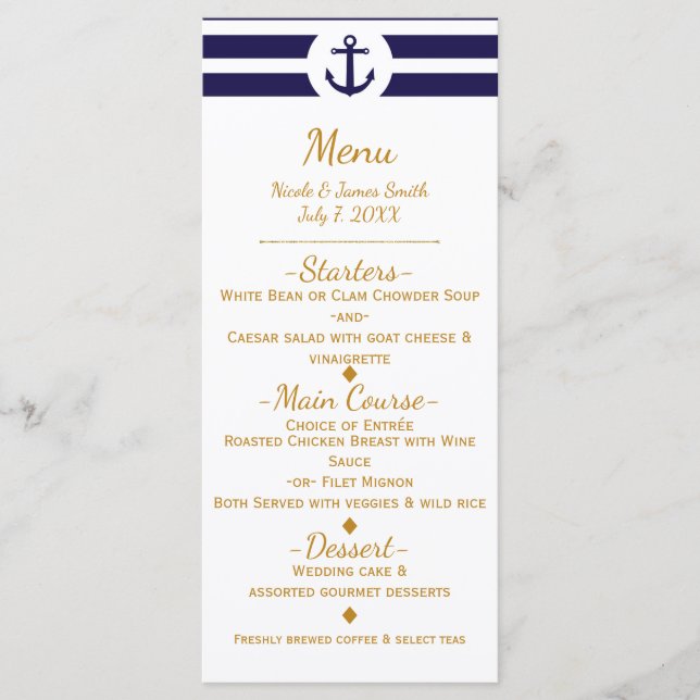 Menu de Casamento de Âncora Náutica Azul e Stripes (Frente)