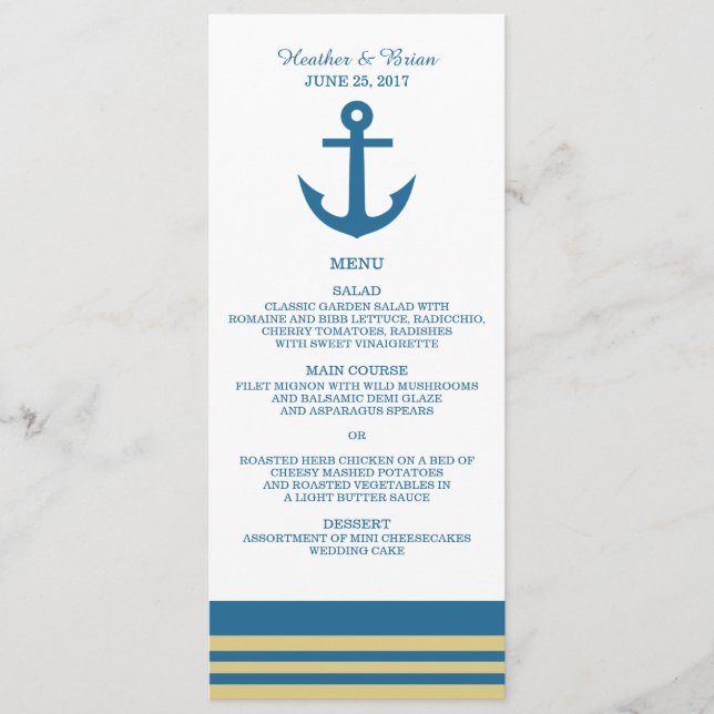 Menu de Casamento de Âncora Náutica Dourada Azul (Frente)