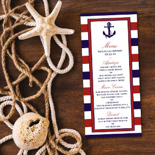 Menu de Casamento de Âncora Náutica Vermelha e Mar