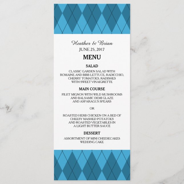 Menu de Casamento de Argyle Azul (Frente)