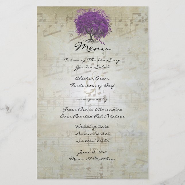 Menu de Casamento de Árvore de Folha de Coração Ro (Frente)