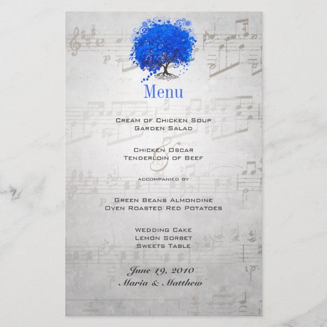 Menu de Casamento de Árvore Folha de Coração Azul (Frente)