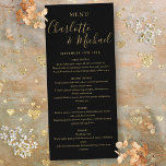 Menu de Casamento de Assinatura Elegante Dourada P<br><div class="desc">Cartão de cardápio elegante,  preto e dourado,  com nomes de estilo de assinatura,  este cartão de menu moderno pode ser personalizado com suas informações em cartazes de ouro. Projetado por Thisnotme©</div>